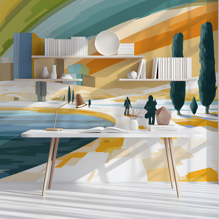 Modern coastal landscape mural installed behind a minimalist sofa in a light-filled study