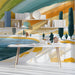 Modern coastal landscape mural installed behind a minimalist sofa in a light-filled study