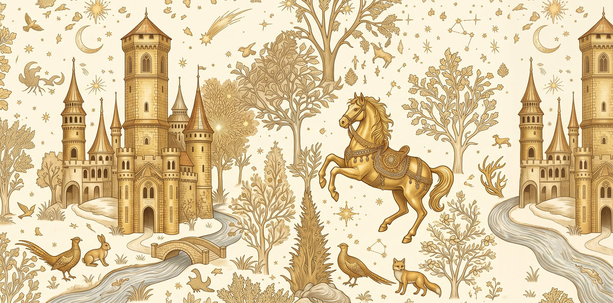 Fairytale mural wallpaper with gold castles, prancing horses, and forest animals on cream.