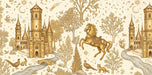 Fairytale mural wallpaper with gold castles, prancing horses, and forest animals on cream.