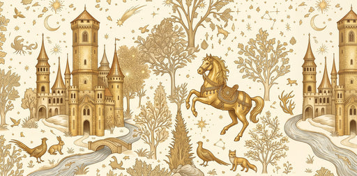 Fairytale mural wallpaper with gold castles, prancing horses, and forest animals on cream.