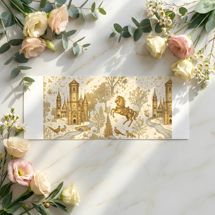 A romantic study room featuring a detailed golden forest and castle wall mural.