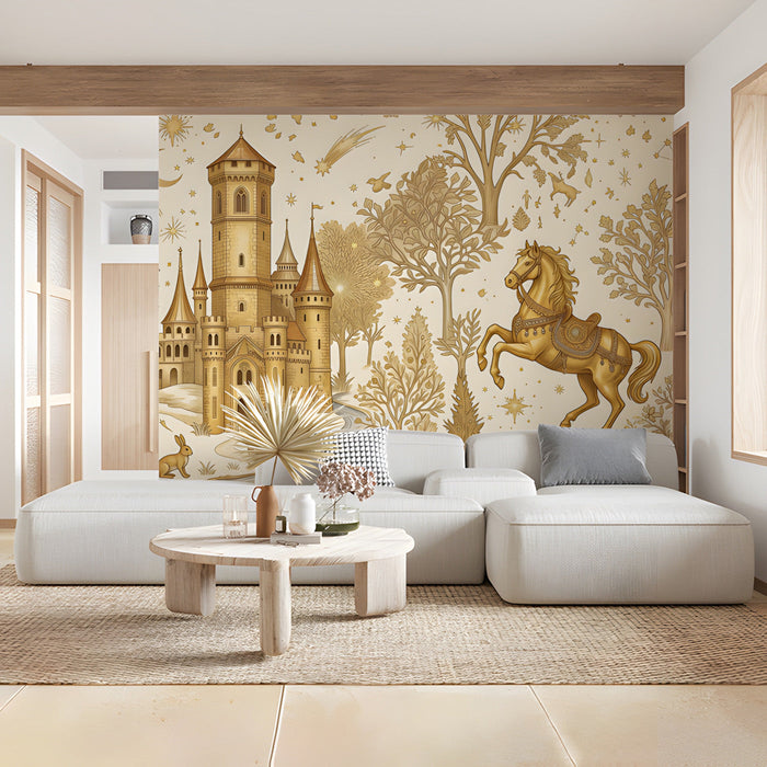 Elegant commercial space wallpaper featuring an enchanted kingdom landscape in metallic gold.