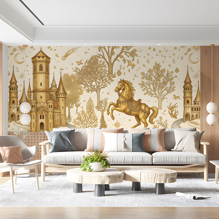 Whimsical gold castle mural installed in a living room with soft white furniture.