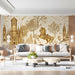 Whimsical gold castle mural installed in a living room with soft white furniture.