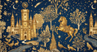 Fairytale mural wallpaper with golden castles, a rearing horse, and forest animals on a deep midnight blue background.