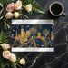 A whimsical bedroom with celestial kingdom mural wallpaper behind a velvet headboard.