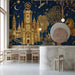 Sophisticated cafe decorated with an intricate gold and midnight blue forest motif wallpaper.