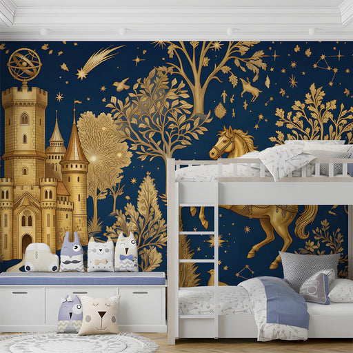 A cozy bedroom featuring a dark blue and gold castle wallpaper on the main wall.