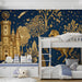 A cozy bedroom featuring a dark blue and gold castle wallpaper on the main wall.