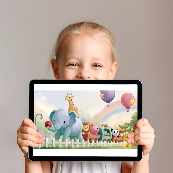 Colorful animal train wallpaper mural featured in a playful child's bedroom.