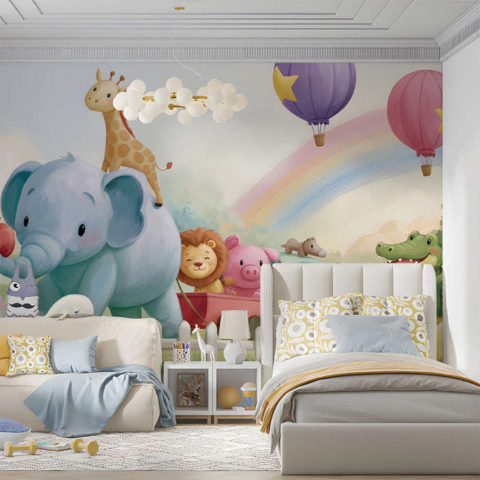 Soft pastel animal illustration wallpaper mural used in a bright kids bedroom.