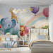 Soft pastel animal illustration wallpaper mural used in a bright kids bedroom.