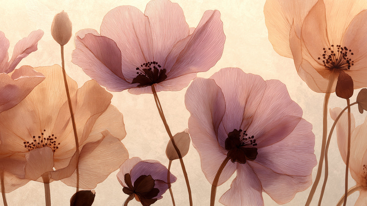 Abstract floral pattern of translucent poppy flowers in dusty rose and ochre yellow shades.
