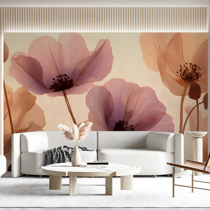 Sophisticated living room wall decor featuring large-scale ethereal poppies in warm pastel tones.
