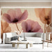 Sophisticated living room wall decor featuring large-scale ethereal poppies in warm pastel tones.