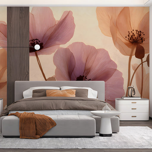 Floral bedroom wallpaper featuring elegant poppies behind a modern beige upholstered bed frame.