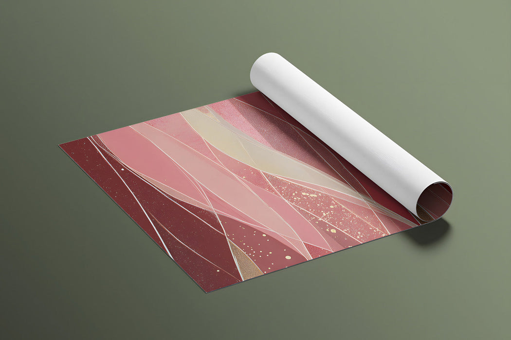 Elegant dining room wall covered in a painterly red and rose wave abstract mural