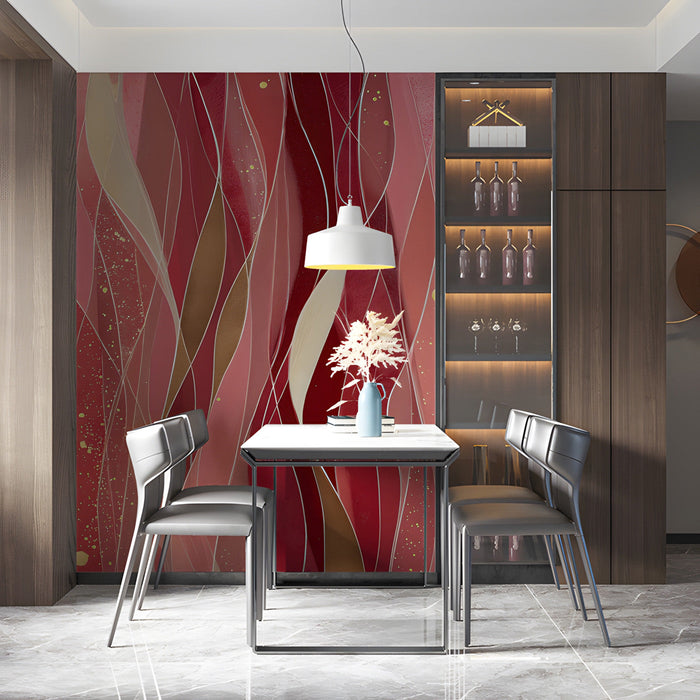 Sophisticated dining room decorated with a vertical wave mural in deep red and metallic gold tones