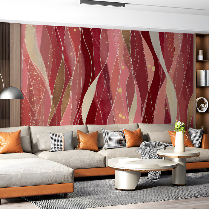 Modern living room featuring a crimson and gold flowing wave mural wallpaper