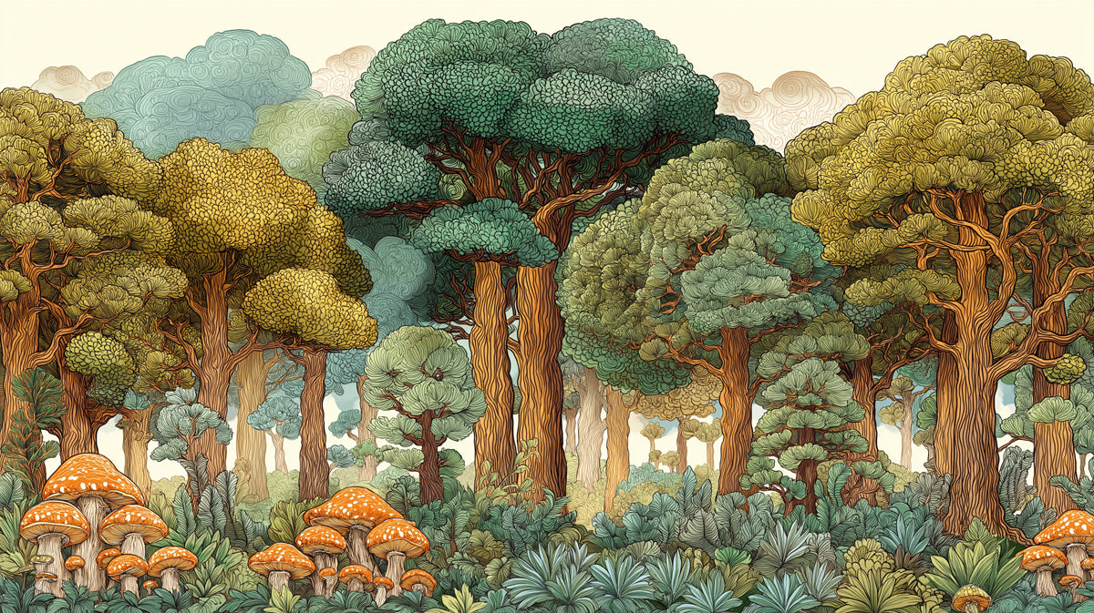 Stylized forest mural wallpaper featuring ochre trees and mushrooms with intricate line art detailing.