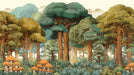 Stylized forest mural wallpaper featuring ochre trees and mushrooms with intricate line art detailing.