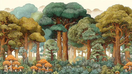 Stylized forest mural wallpaper featuring ochre trees and mushrooms with intricate line art detailing.