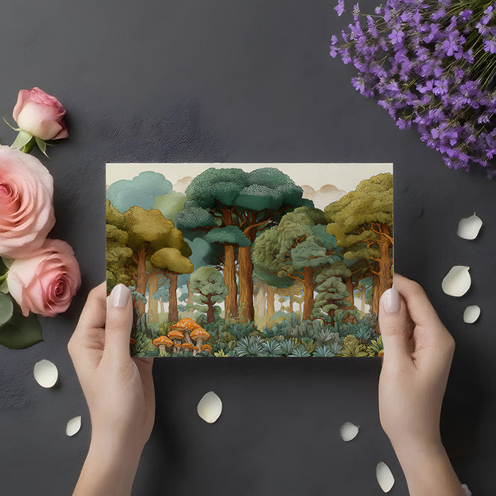 Modern home office with an earthy woodland wallpaper mural on the main feature wall.