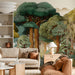 Reading nook with forest-themed botanical wallpaper mural and a comfortable armchair.