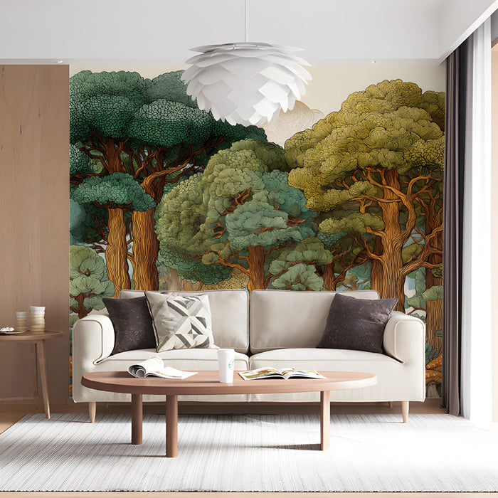 A cozy living room featuring an illustrated forest mural behind the headboard.