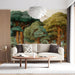 A cozy living room featuring an illustrated forest mural behind the headboard.