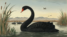 Vintage-style mural featuring a large black swan in a lake with tall reeds and distant hills