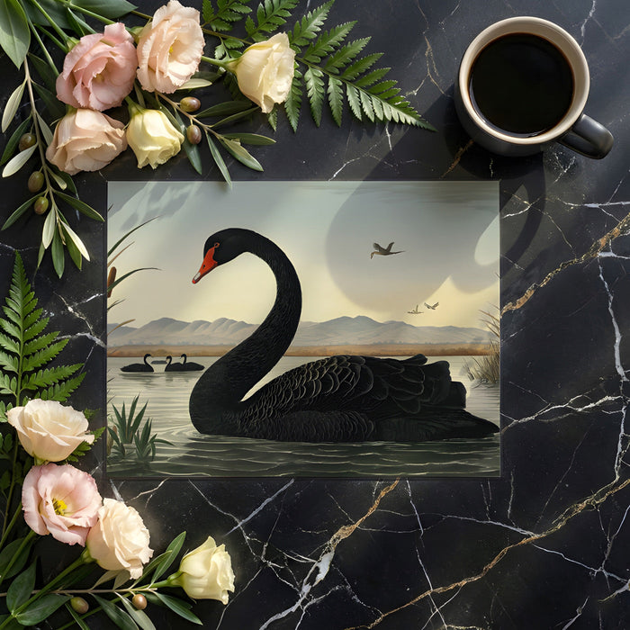 Sophisticated dining room wall art showing an ornithological swan lake scene