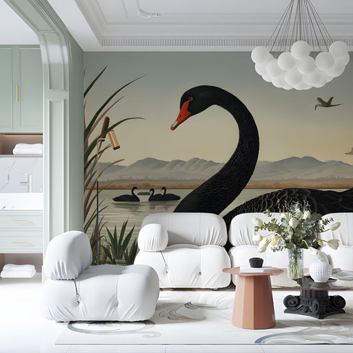 Moody hallway featuring a black swan mural behind dark wooden shelving