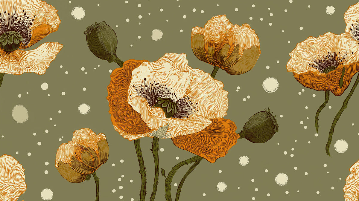 A pattern of golden ochre poppy flowers and seed pods with fine ink lines against a sage green background.
