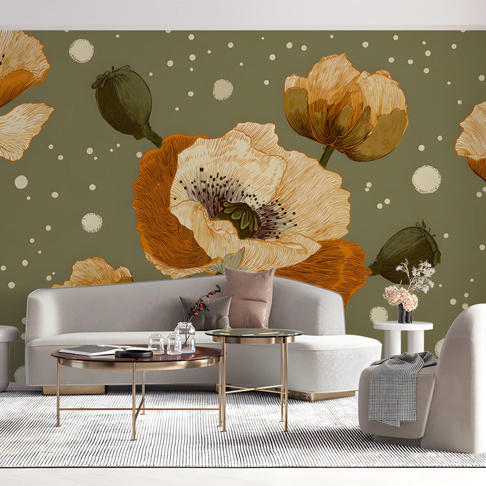 A bright, elegant living room with floral poppy mural wallpaper and modern wood furniture.