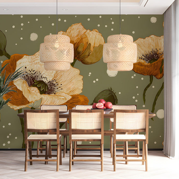 A cozy dining room with a sage and poppy floral mural behind a wooden headboard.
