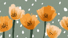 Abstract floral mural wallpaper with ochre orange flowers on a sage green background with white spots