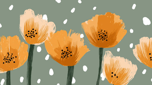 Abstract floral mural wallpaper with ochre orange flowers on a sage green background with white spots