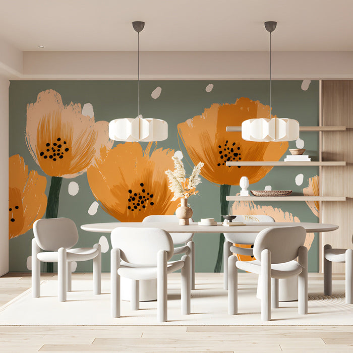 Creative home office wall decorated with hand-painted style botanical wallpaper in sage and ochre
