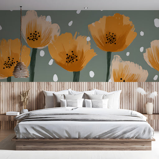 Modern bedroom featuring a sage green and ochre floral mural on a statement wall