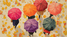 Overhead view of colorful umbrellas and autumn leaves on pavement with a painterly artistic style