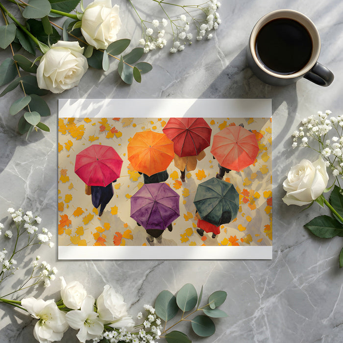 Rainy city street scene wallpaper featuring umbrellas in a bright modern dining room