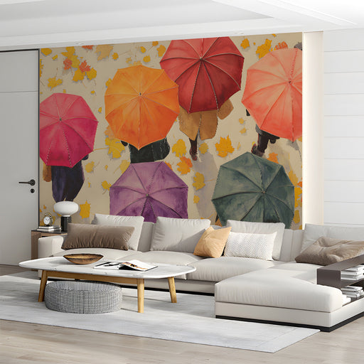 Autumn umbrella wall mural installed in a cozy living room with dark wood bookshelves