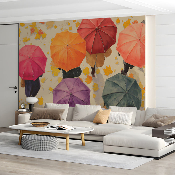 Autumn umbrella wall mural installed in a cozy living room with dark wood bookshelves