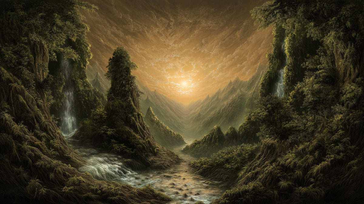 A dramatic landscape mural showing golden sunset light over green mountain peaks, waterfalls, and a winding river.