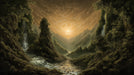 A dramatic landscape mural showing golden sunset light over green mountain peaks, waterfalls, and a winding river.