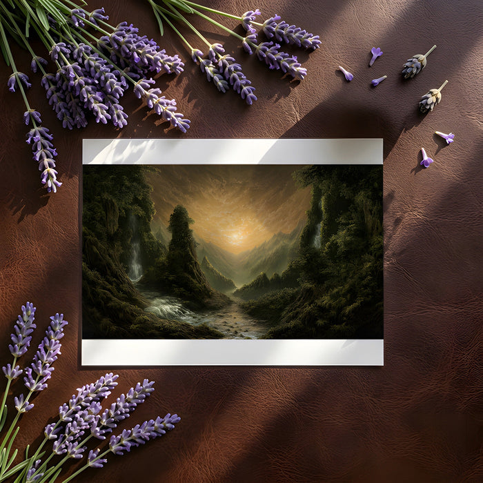 An executive home office with a dark, immersive mountain forest landscape mural.