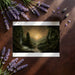 An executive home office with a dark, immersive mountain forest landscape mural.