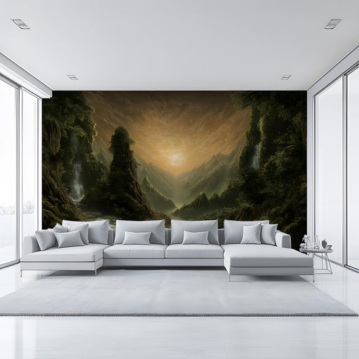 A cozy hallway with a mountain valley mural behind a dark wood bed frame.